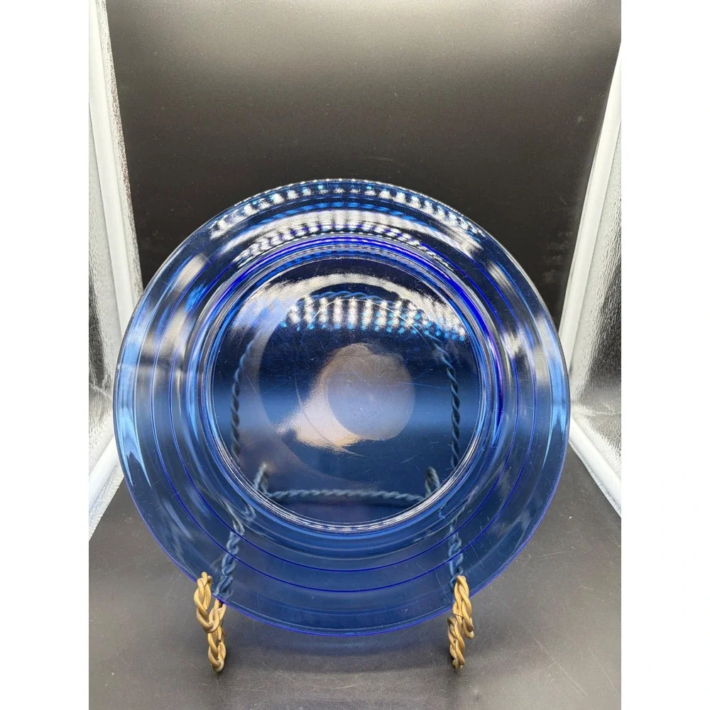 Vintage Cobalt Blue Glass Dinner Plate 10.75 Inch Concentric Ring Art Deco Style